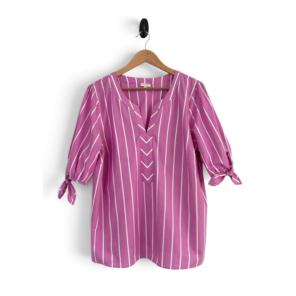 Talbots Women's XL Purple Pink Multicolor 100% Cotton 3/4 Tie Sleeves Top NWOT